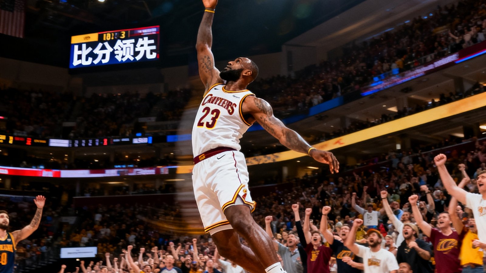 NBA常规赛詹姆斯后撤步三分绝杀瞬间，记分牌显示比分领先，观众沸腾